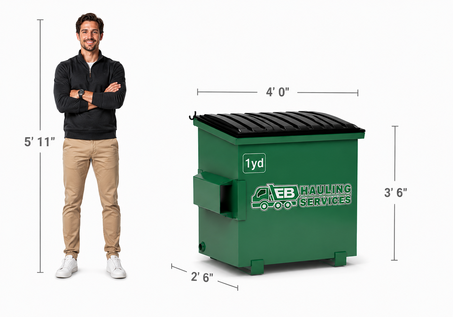 1 yard EB Hauling dumpster size with human scale