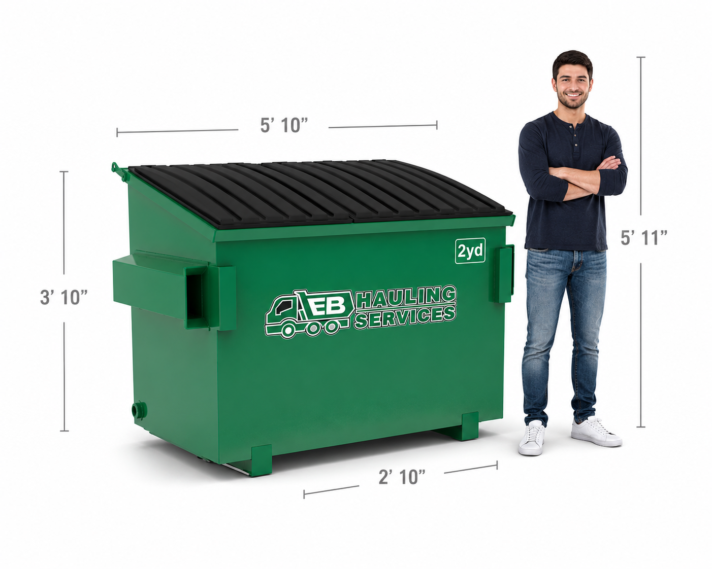 2 yard EB Hauling dumpster size with human scale