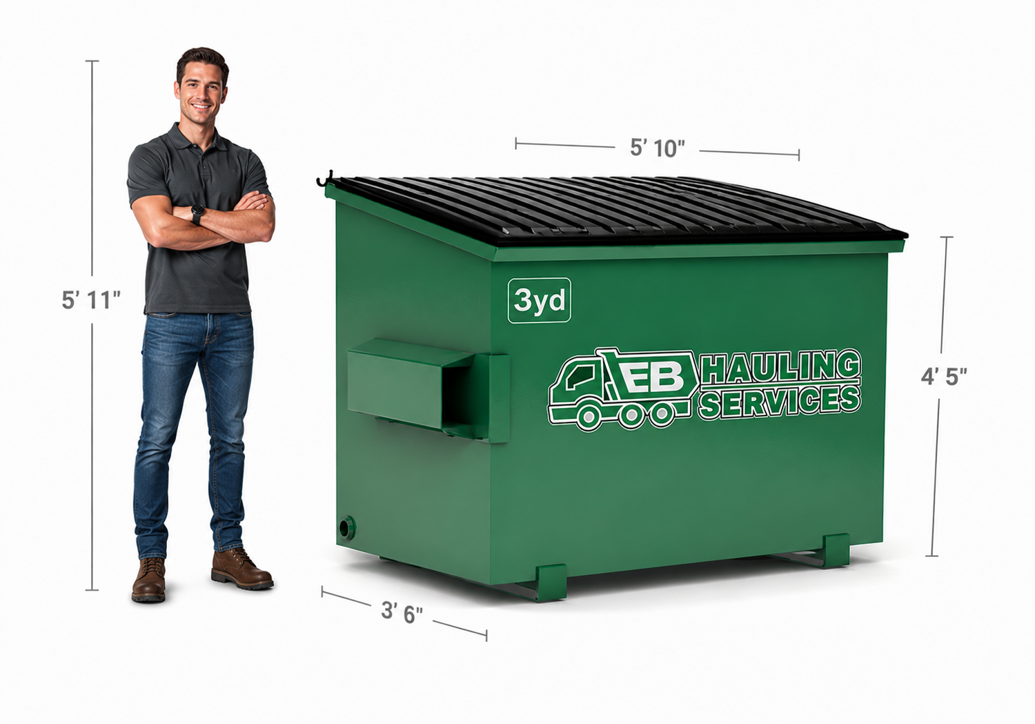 3 yard EB Hauling dumpster size with human scale