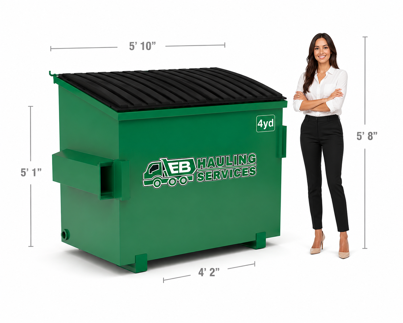 4 yard EB Hauling dumpster size with human scale