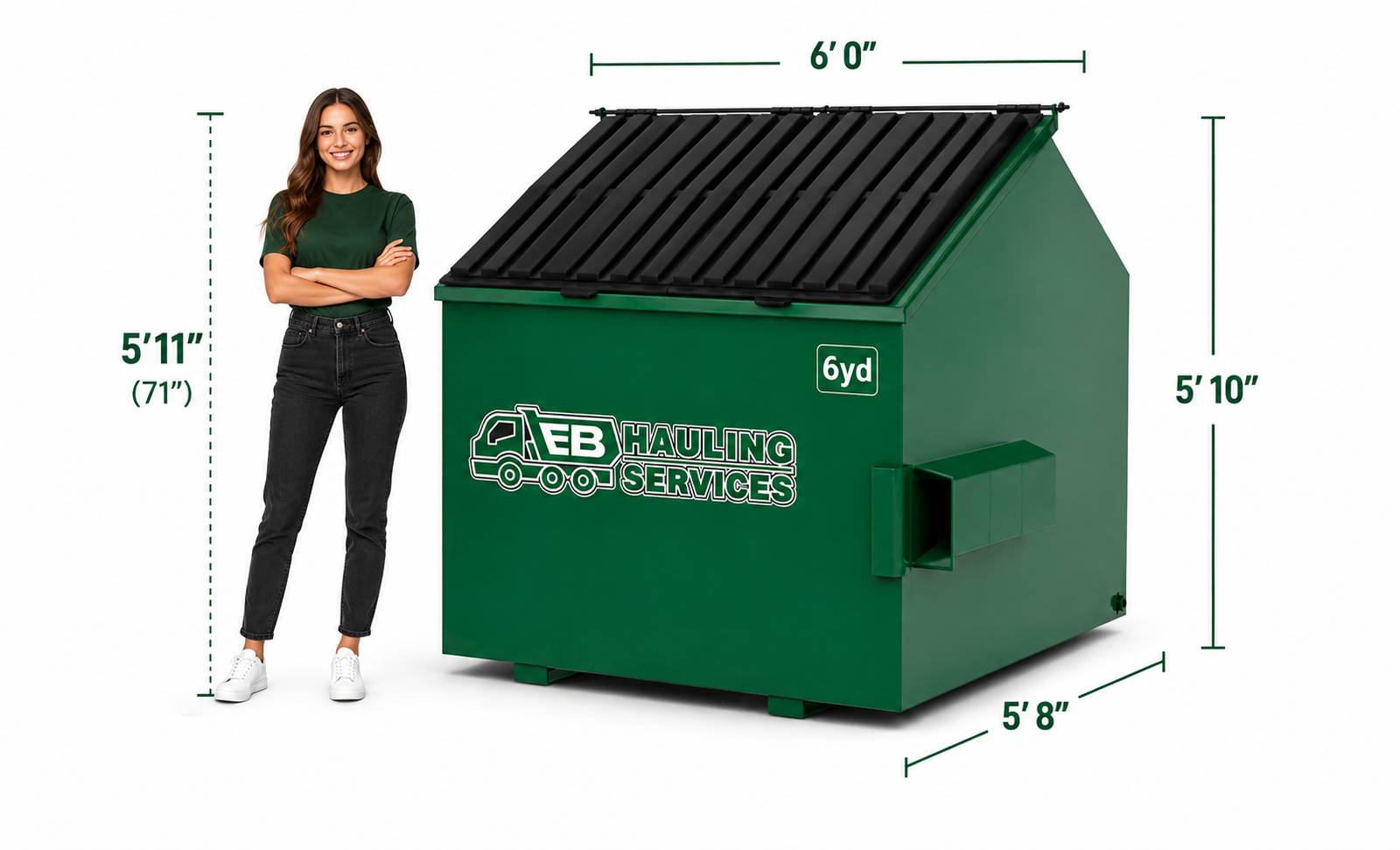 6 yard EB Hauling dumpster size with human scale
