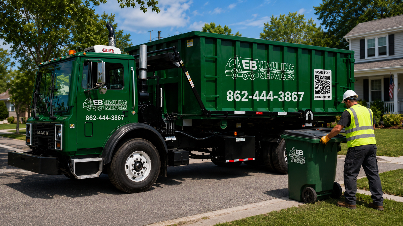 EB Hauling roll-off dumpster truck serving a residential pickup