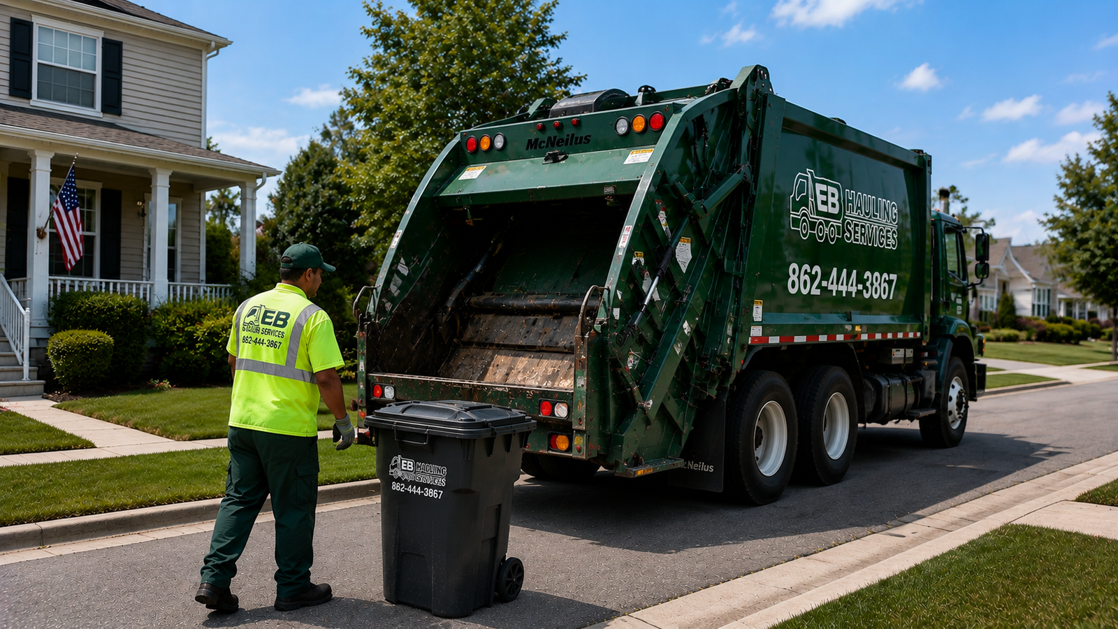 Rear loader truck picking up residential waste