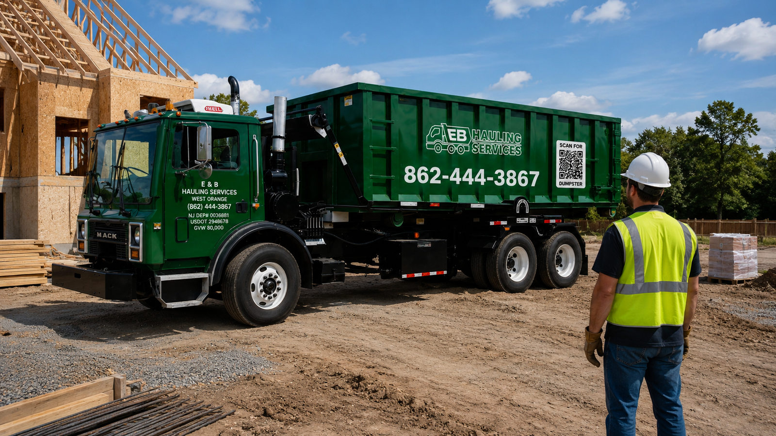 EB Hauling roll-off truck at a residential construction site