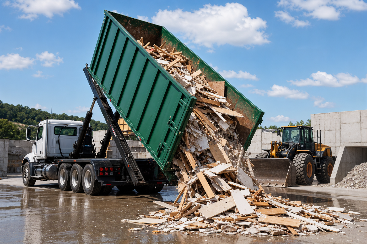 Dumpster truck dumping debris for a Newark cleanup project